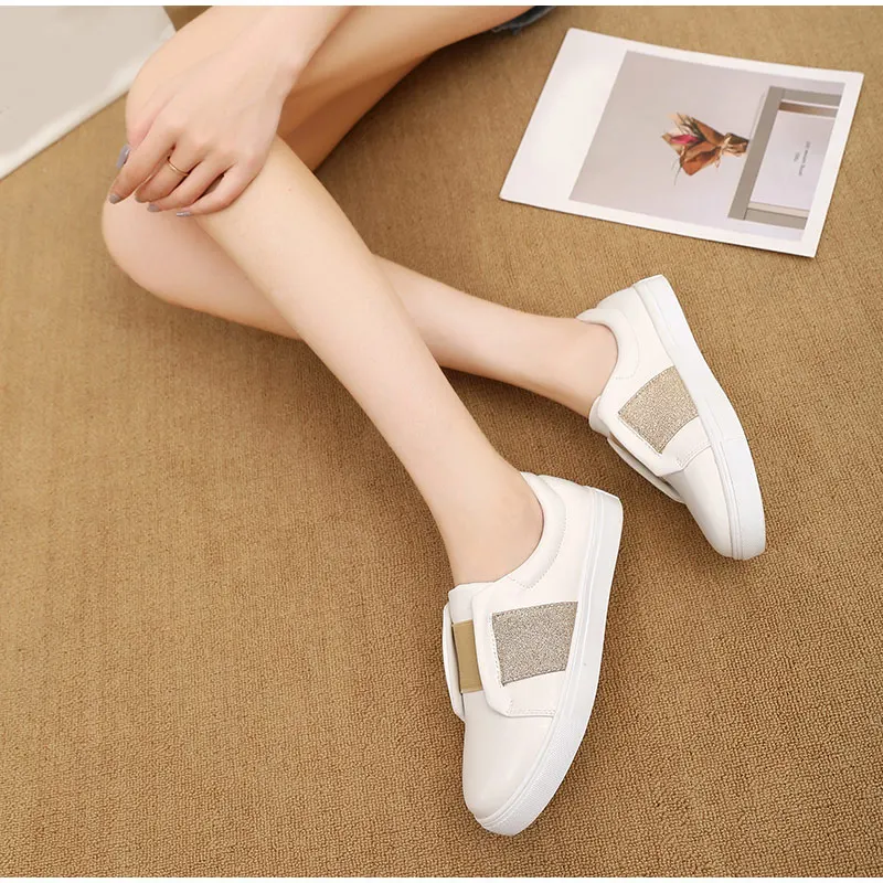 MCCKLE Bling Slip On Shoes Woman Flats Autumn Vulcanized Ladies Platform Comfortable Casual White Shoes Female Fashion Plus Size