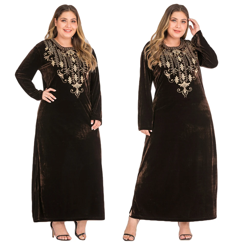 Винтажное вышитое женское бархатное Абая мусульманское платье макси с длинным рукавом Кафтан платья Ближний Восток Дубай свободный халат