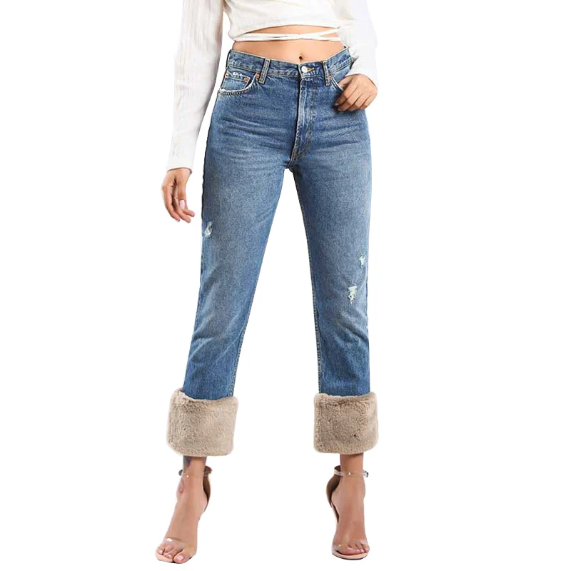 

NOEMOV 2019 Fashion Women Winter High Waist Jeans Solid Color Ankle-Length Pants Spliced Pockets Button Zipper Straight Jeans