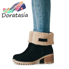 DORATASIA/, большие размеры 34-46, женские зимние ботинки на платформе, женские зимние ботинки на меху на высоком каблуке 6 см, женская обувь