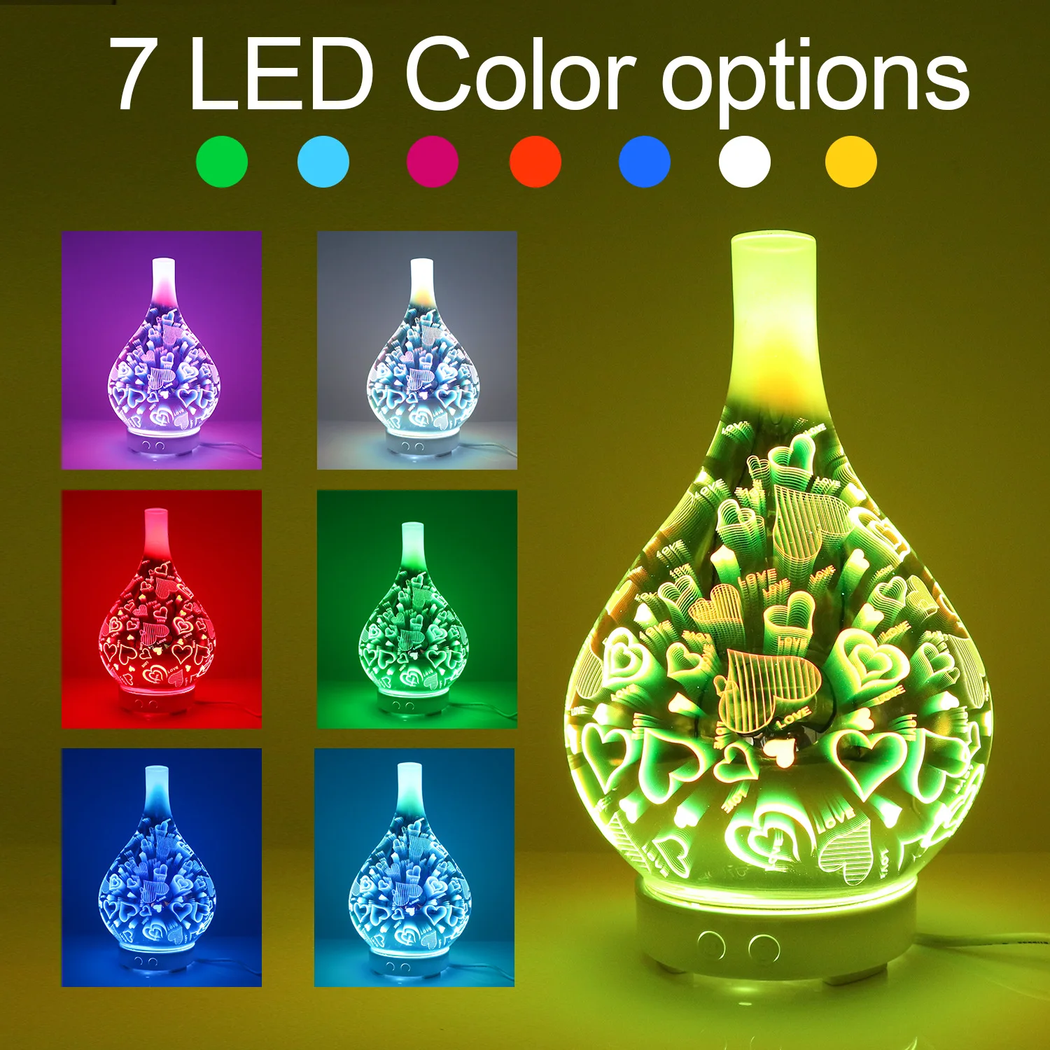3D Glass Colorful Ultrasonic Humidifier Mini Household Office Creative Gifts Humidity Aromatherapy Machine OEM