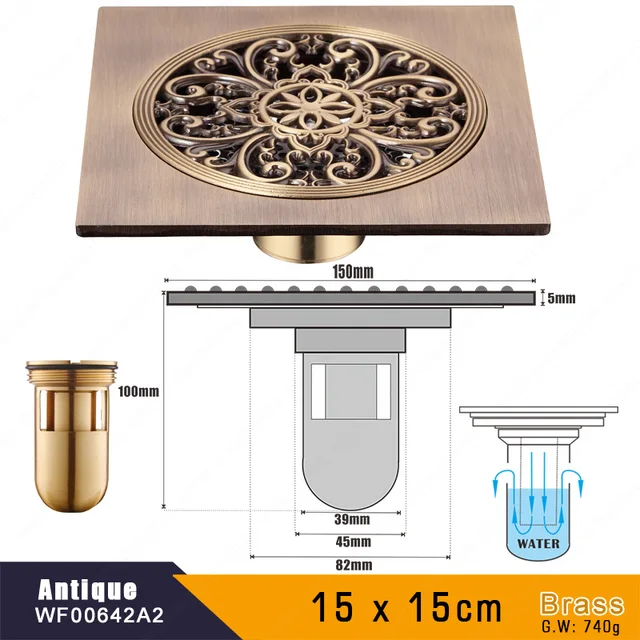 15 x 15 Square Bathroom Shower Drain Floor Drain Trap Waste Grate Antique Brass Grid Drain F
