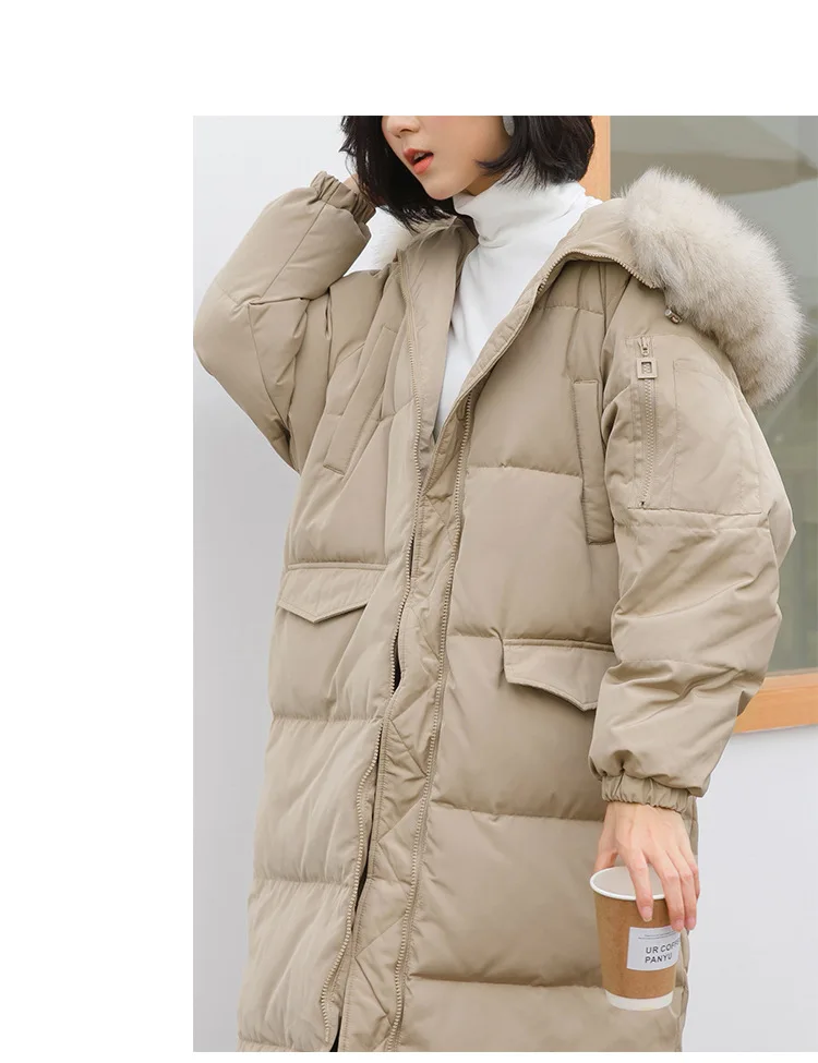 South Korea Dongdaemun Autumn& Winter New Style Simple White Duck down Fox Fur Long Hooded down Jacket Women's W077