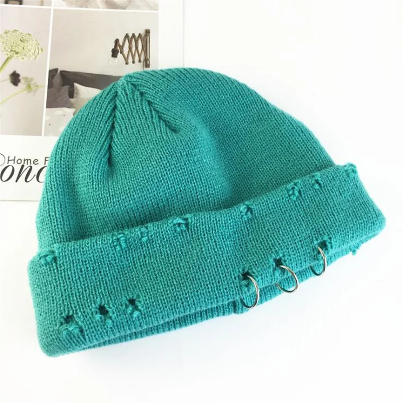 Unisex Winter Knitted Beanie Hat with Pins O-Ring Vintage Distressed Hole Solid Color Hip Hop Stretch Cuffed Skull Cap