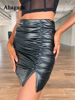 

2019 Mini Skirt Women Fashion PU Leather Solid Color Girls Short Split High Waist Pencil Skirts Women Female Sexy Skirt Bottom