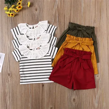 

Pudcoco Infant Clothing Baby Girl Striped T-shirt High Waist Belt Shorts Girls BowKnot Shorts Child Girl Clothes Set
