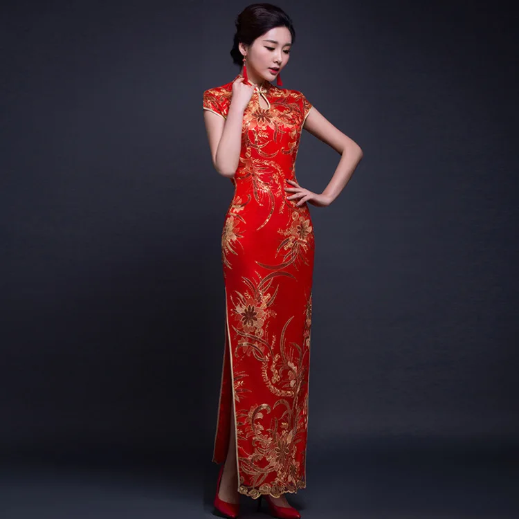 Винтажное женское Цветочное платье Ципао с блестками Vestidos, тонкое атласное платье Ципао в китайском стиле, свадебное платье для невесты, большие размеры, платье для сцены