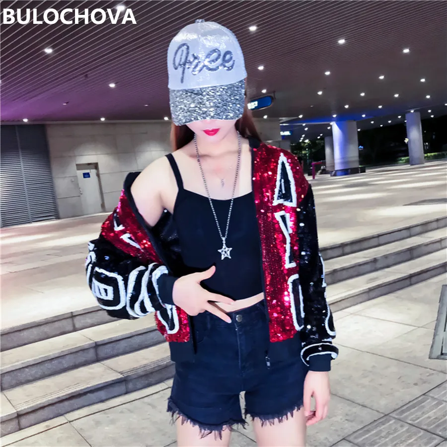 

High Quality 2019 Autumn Women Runway Fashion Sequins Stage performance Cloches Short Coat Printing Letters Sport Jacket Coats