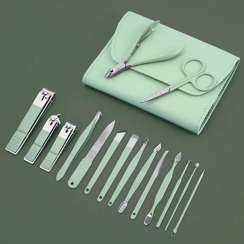 

12/16/18pcs Manicure Cutters Nail Clipper Set bag Household green Ear Spoon Nail Clippers Pedicure Nail Scissors Tool sharpe