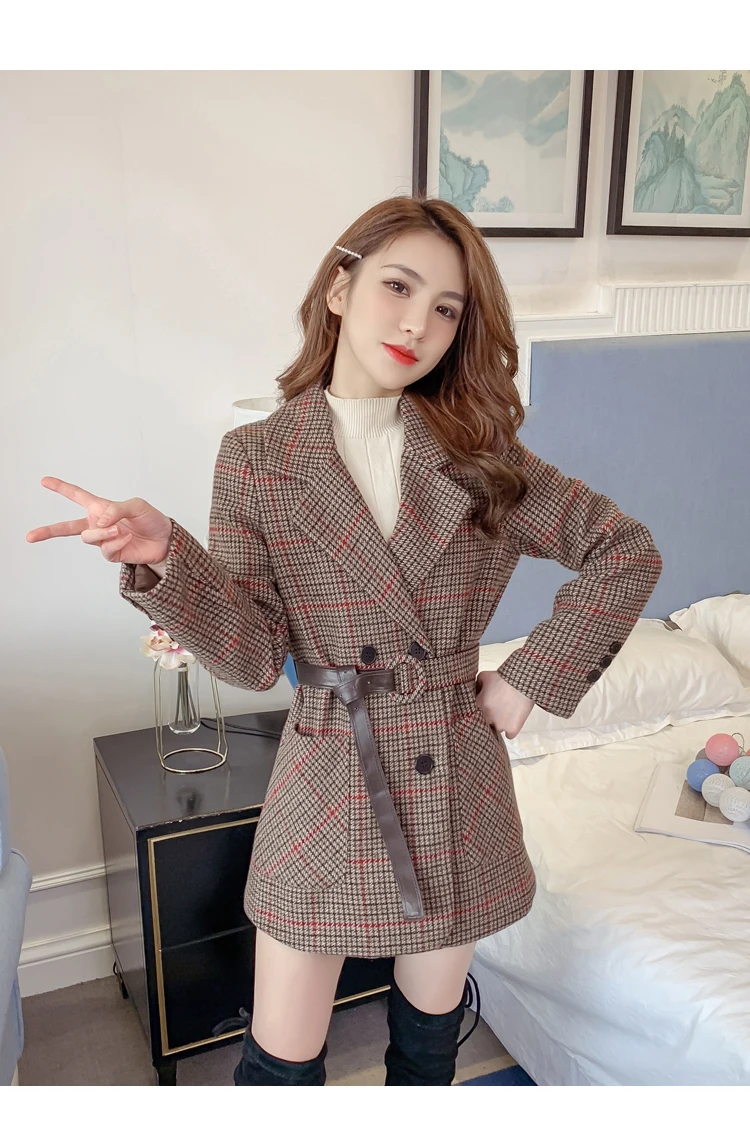 Blaser Femme, милый Блейзер, клетчатый костюм, пальто, офисный женский рабочий Топ, Осень-зима, уплотненный Повседневный Ретро розовый блейзер, куртка с поясом