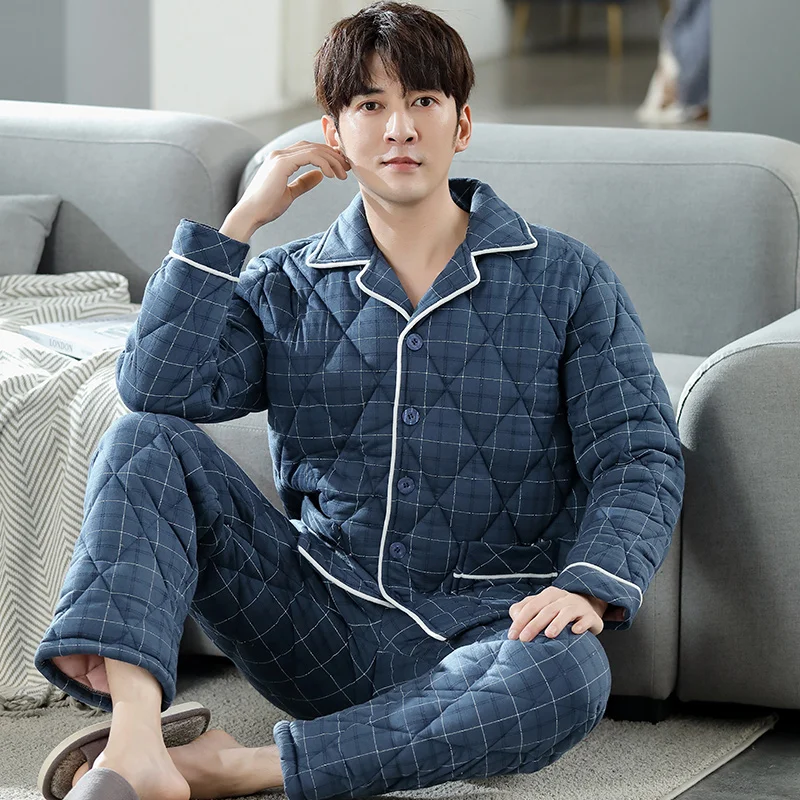 Warm Winter Knitted Cotton Quilted Men's Pyjamas Plaid Pajamas Set