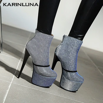 

Karinluna 2020 New Arrivals Sequined Cloth Shoes Women Boots Female Super High Heels Platform Ankle Boots Woman Shoes
