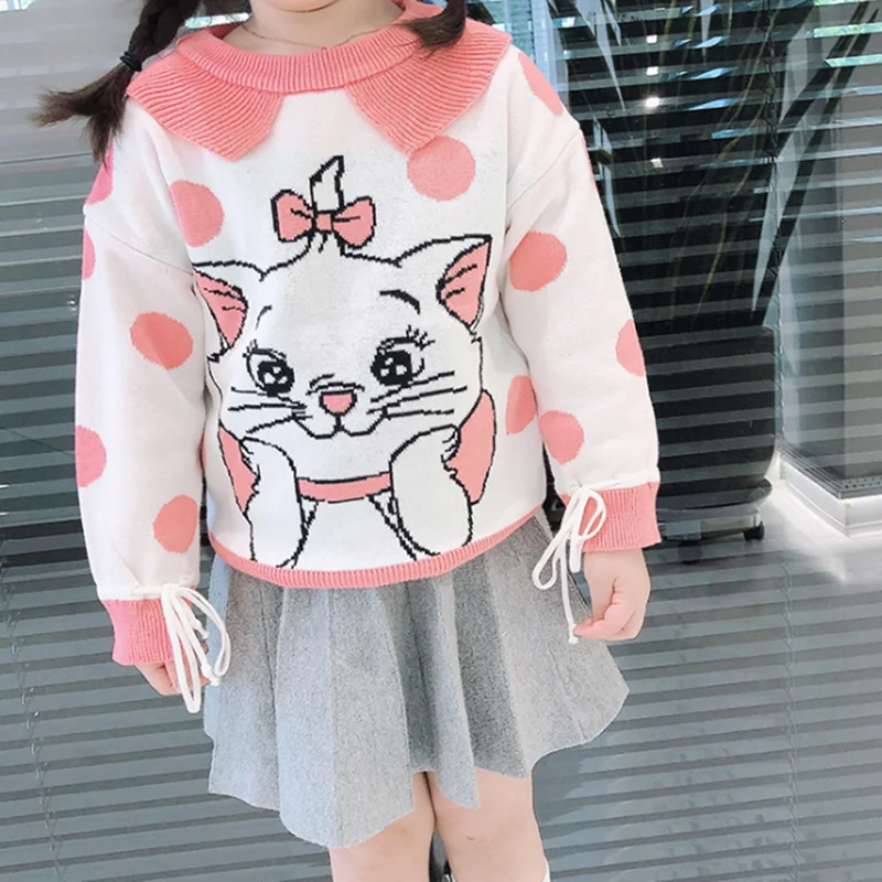 

Children's Sweater Long Sleeve Lovely Cartoon Marie Cat Polka Dots Print Tops Baby Girls Winter Sweaters Kids Casual Clothing