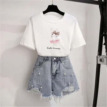 

2020 Summer Women Cartoon Printted T-shirt Top+Beaded Tassel Slim Jean Shorts Two piece Set High Quality Fashion Female Sets