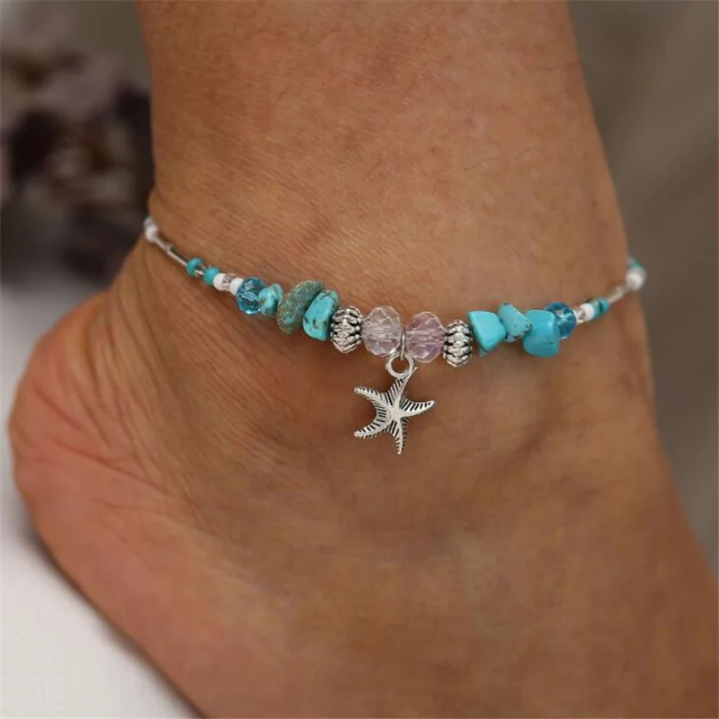

Bohemian Natural Sea Shell Starfish Anklets for Women Blue Stone Silver Ankle Foot Chain Bracelet Beach Jewelry
