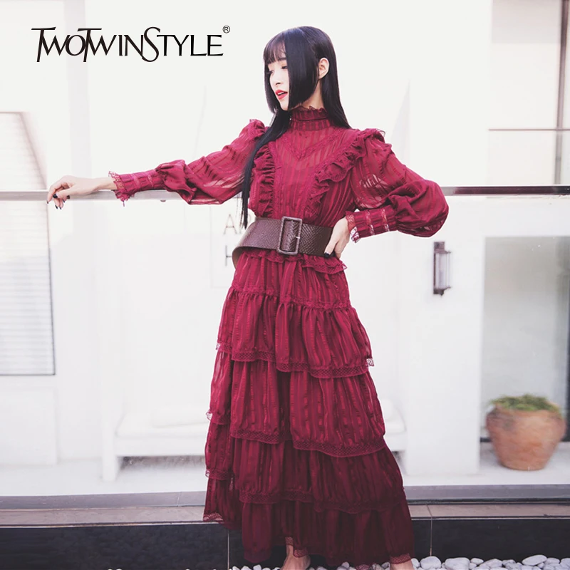 Most Popular r8bvT TWOTWINSTYLE Bohemian Ruffle Dress For Women Stand Collar Lantern Long Sleeve High Waist Dresses Female 2019 Autumn Fashion New