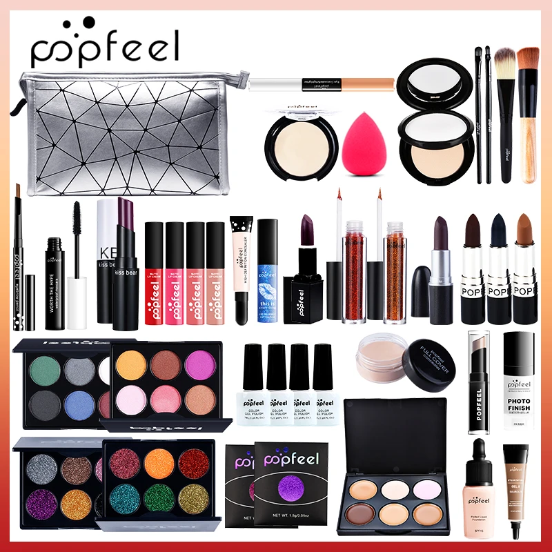 Popfeel Makeup Set Eyeshadow Lipstick Eyebrow Pencil Lipgloss Makeup Brush Powder Puff Nail Polish With Makeup Bag Cosmetics Kit Eyeliner Aliexpress