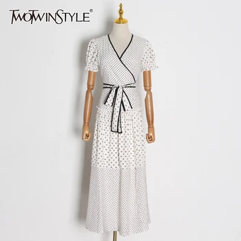 

TWOTWINSTYLE Bohemian Print Hit Color Dresses Female V Neck Puff Short Sleeve High Waist Sashes Maxi Dress Women Fashion Clothes