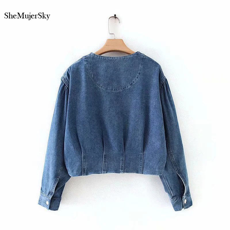 SheMujerSky Blue Denim Coat Women Autumn Short V-neck Long Sleeve Coats Cropped Jackets spijkerjasje dames