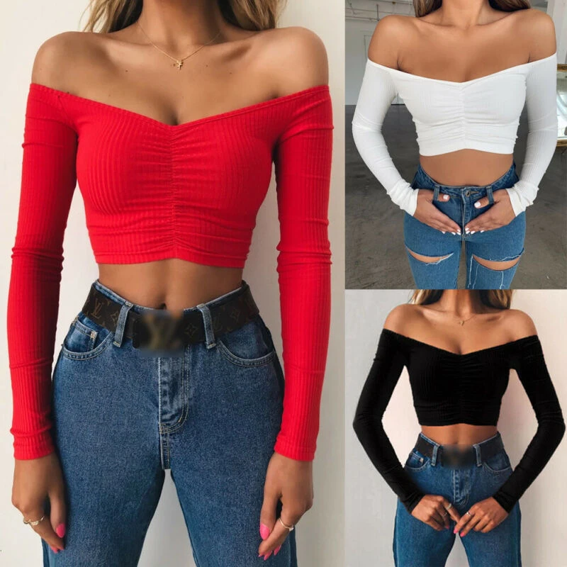 Off Shoulder Long Sleeve Shirts Casual Women Ladies Blouse Fashion Female Slash Neck Crop Tops Slim Solid Bare Belly Shirts Blouses Shirts Aliexpress