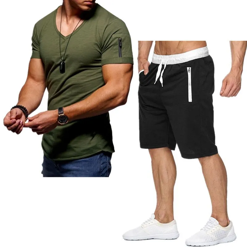 Popular Olevo 2 Piece Jogger Set Short Sleeve Tracksuit Running Large Size Sweatsuit Shorts Sweatpants Men's Sportswear Sports Suit