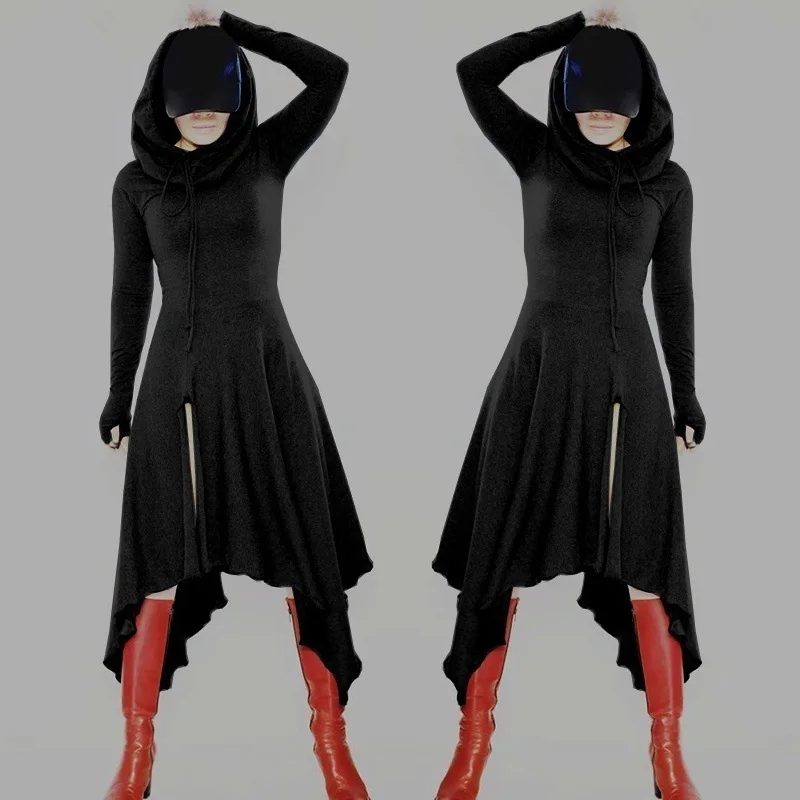 Женское асимметричное платье с капюшоном темно-панк готический ретро длинный рукав плюс размер черная Клубная одежда Вечерние платья леди миди Длина платья