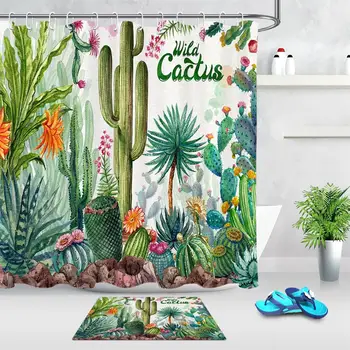 

Tropical Plant Cactus Bathroom Shower Curtain Durable Waterproof Fabric Cactus Flowers Blossom Bath Curtains with 12 Hooks