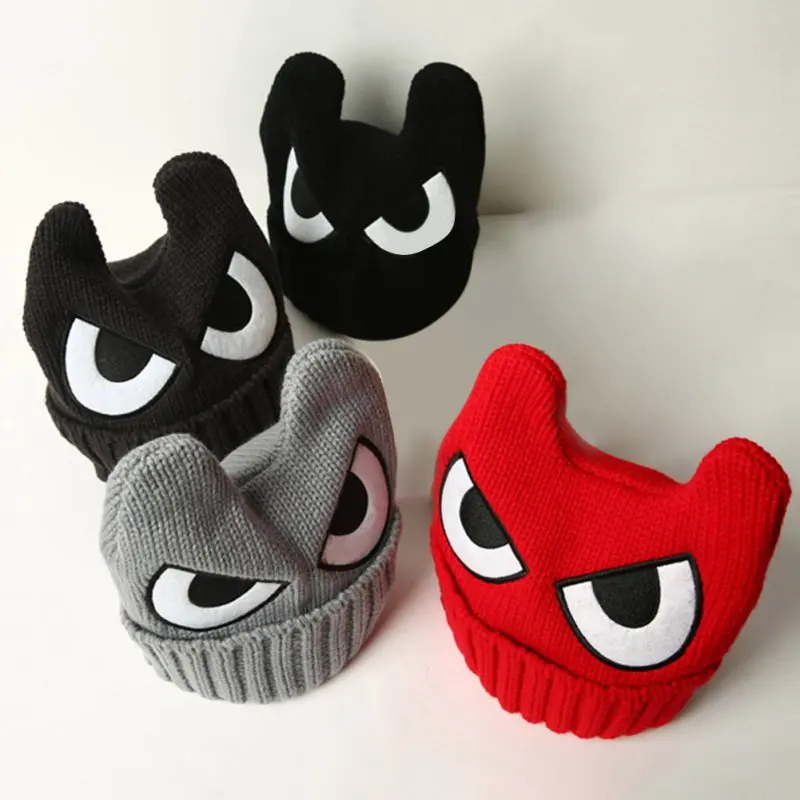 

2019 Autumn Winter New Baby Kids Boys Girls Hat 4 Colors Cute Warm Cotton Wool Comfortable Monsters Horns Eyes Knit Crochet Hat