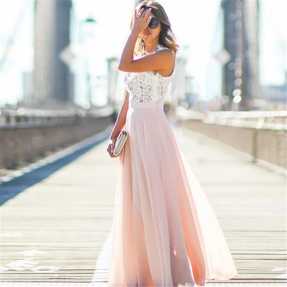 

Sring Summer Evening Party Dress Womens Hollow Out Beach Boho Sleeveless Maxi Dresses Patchwork Lace High Waist Chiffon Dress