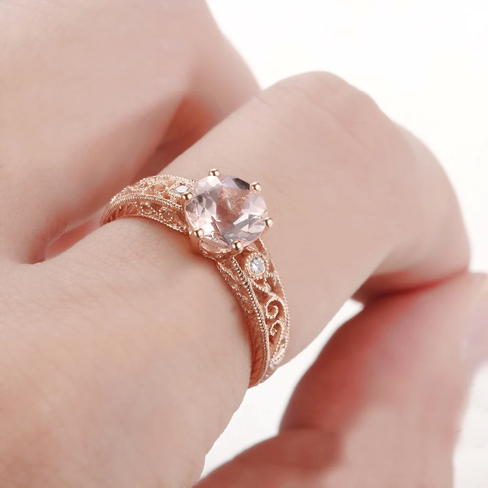 HELON Solid 10 к розовое золото безупречный круглый 1.37ct натуральный морганит и алмаз обручение драгоценный камень для женщин Винтаж ювелирные украшения кольцо