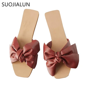 

SUOJIALUN Brand Square Toe Slippers Fashion Bow-knot Slip On Flat Slides Summer Sandals Casual Beach Flip Flops Outsole Slipper