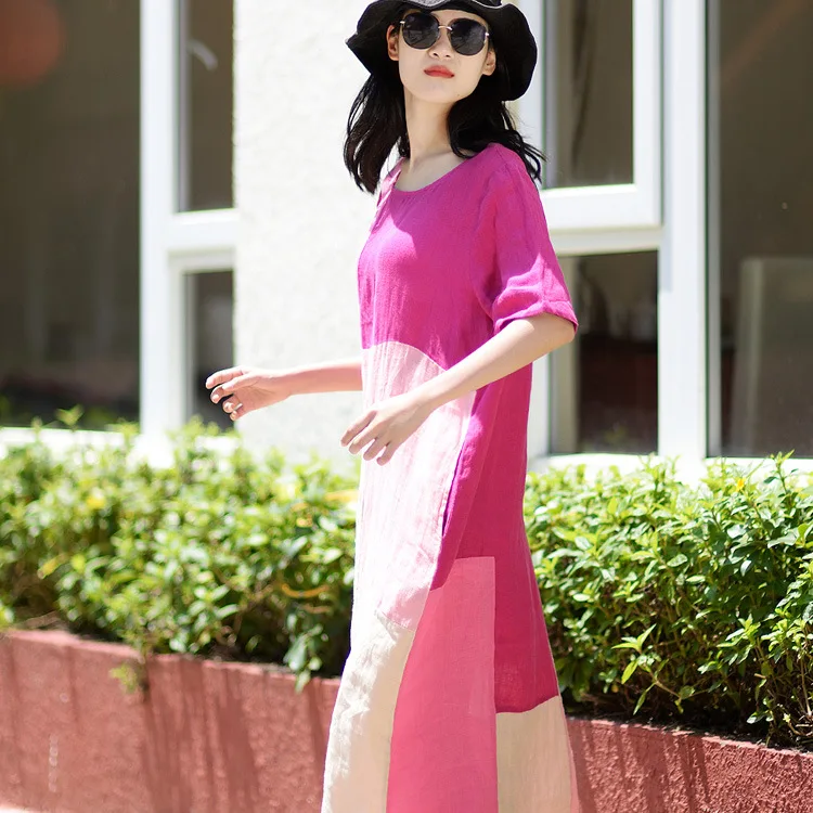 

Retro Flax Rose Pink Splicing Dress Chinese Style Ethnic-Style Large Size Loose-Fit Crew Neck Gown Long Skirts P030