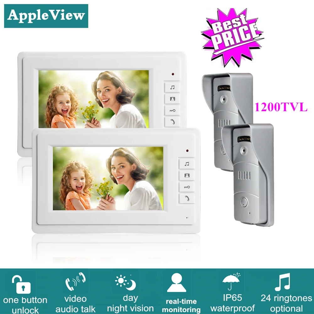 

7 Inch Color Video Door Phone Intercom System With 2pcs Visual Monitor + 2pcs 1200TVL Call Panel Waterproof Camera Night Vision