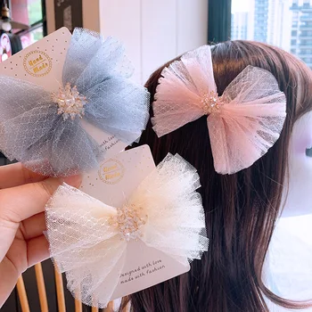 

Lace Princess Style Korean Childrens Hairpin Girl Tie Bow Duck Bill Clip Small Fresh Crystal Hair Ornament Birthday Hair Pin