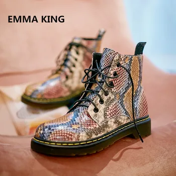 

2019 Snake Prints Round Toe Women Martin Boots Autumn Winter Lace-Up Low Heels Ankle Boots Fashion Leather Female Short Booties