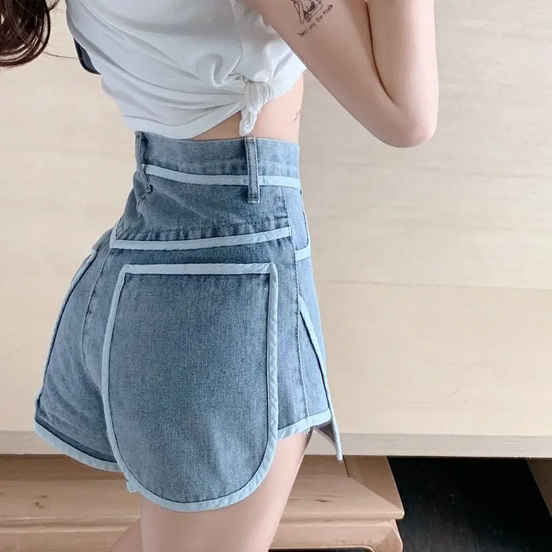

Women shorts Summer Denim Cotton Stripe Splicing Irregular Ladies Skinny Retro Super Short Jeans