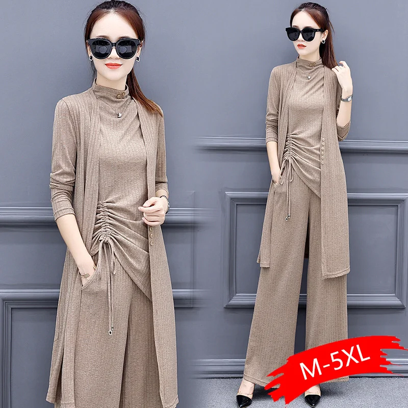 

Women Knitted 3 Pieces Set Tracksuit Long Sleeve Cardigan and Sleeveless Pullover Tops and Wide Leg Pants Suit Women's Sets 2019