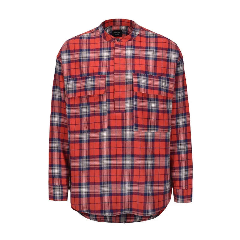 Europe and the United States trend high street round hem high street OS loose lattice Henry collar long sleeve plaid shirt