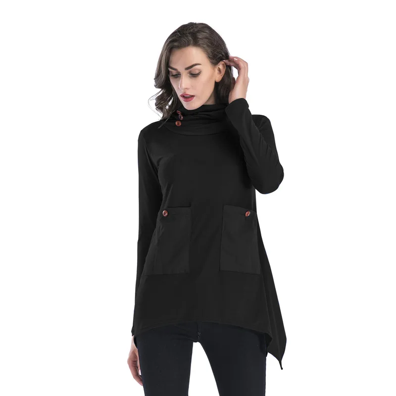 

Autumn Winter T Shirt Women Irregular Long Sleeve Pocket Tops Turtleneck Turn-down Collar Casual Tees Shirt Femme
