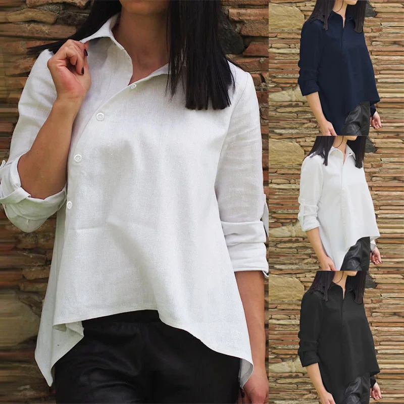 Miglior ZANZEA Office Lady Lavoro Tunica Magliette e camicette 2019 Delle Donne di Modo Solido del Cotone Camicia Asimmetrica Bottoni Blusas Chemiser Mujer Plus Size