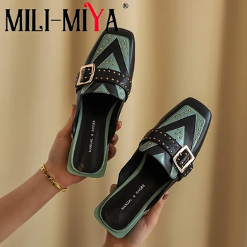 

MILI-MIYA Fashion Women Cow Leather Pumps Comfortable Square Toe Mixed Colors Square Heels Slip-On Rivet Dress Shoes Size 34-39