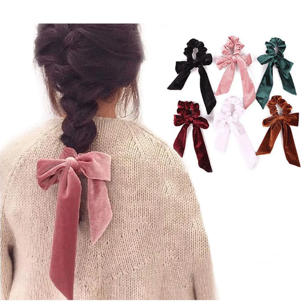 

Fashion Velvet Women Headbands Elastic Casual Coral Fleece Beauty Headwear Ribbon Bow Girls Tie Elastic Women's Hair Bands 1pcs