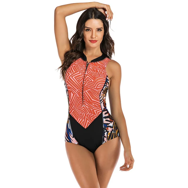 19 New One Piece Swimsuit Women Print Front Zip Up Swimwear Female Beach Vintage Bathing Suits Padded Plus Size Monokinis Body Suits Aliexpress