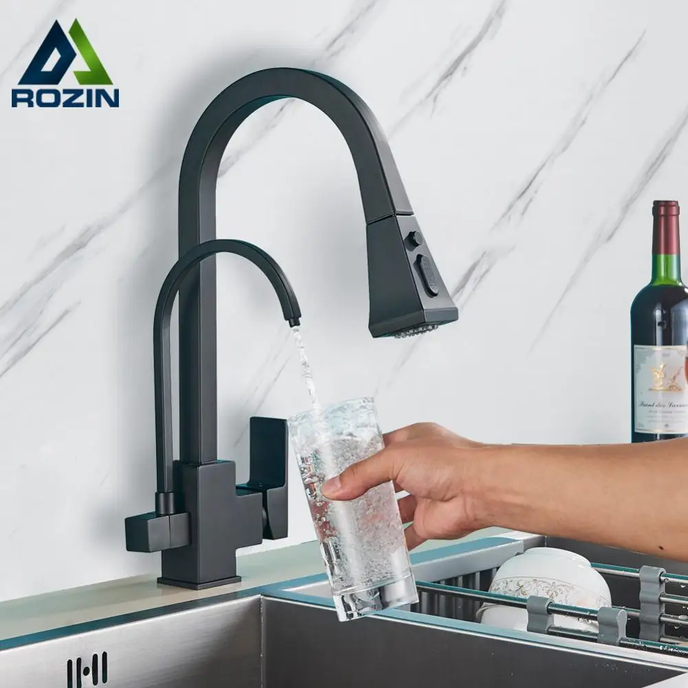 Rozin Pure Water Kitchen Faucets Black Pull Out Purification Filter Tap 3 Way Mixer Torneira Para Cozinha De Parede Crane