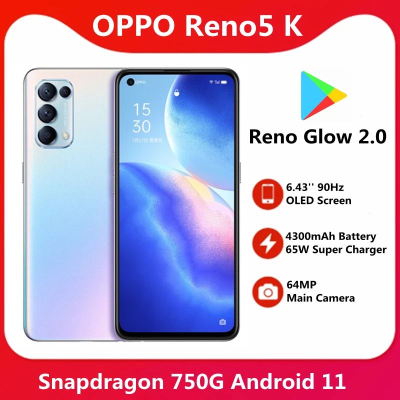 Original OPPO Reno 5K 5G Smart Phone 6.43'' 90Hz OLED Screen Snapdragon 750G 4300mAh Battery 64MP Main Camera Mobile Phone laptop ram