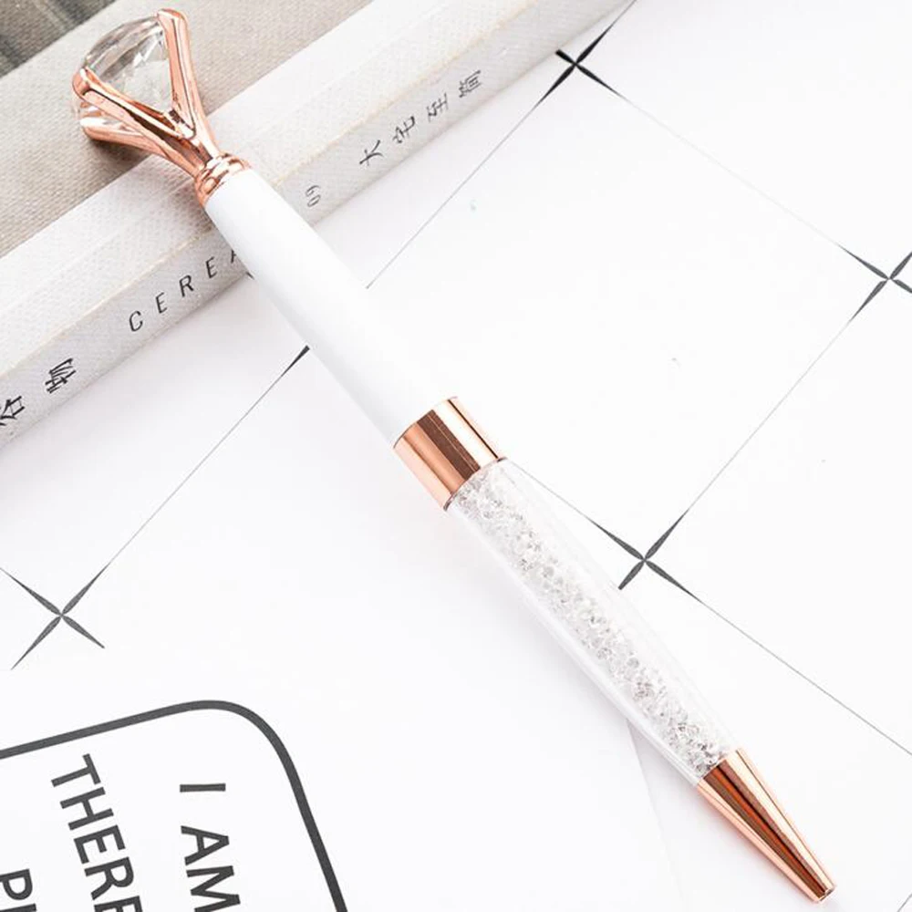 50 шт./лот, милая Шариковая ручка с драгоценным камнем, большая шариковая ручка из хрусталя и стекла, металлическая шариковая ручка, красивая подарочная ручка, школьные офисные принадлежности - Color: White