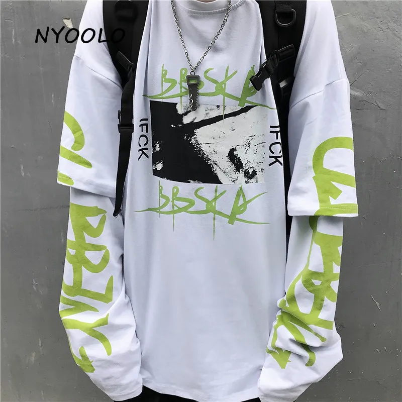 NYOOLO Harajuku Винтаж с буквенным принтом поддельные два предмета лоскутное худи Осень Свободный пуловер с длинными рукавами Толстовка для женщин и мужчин Топ