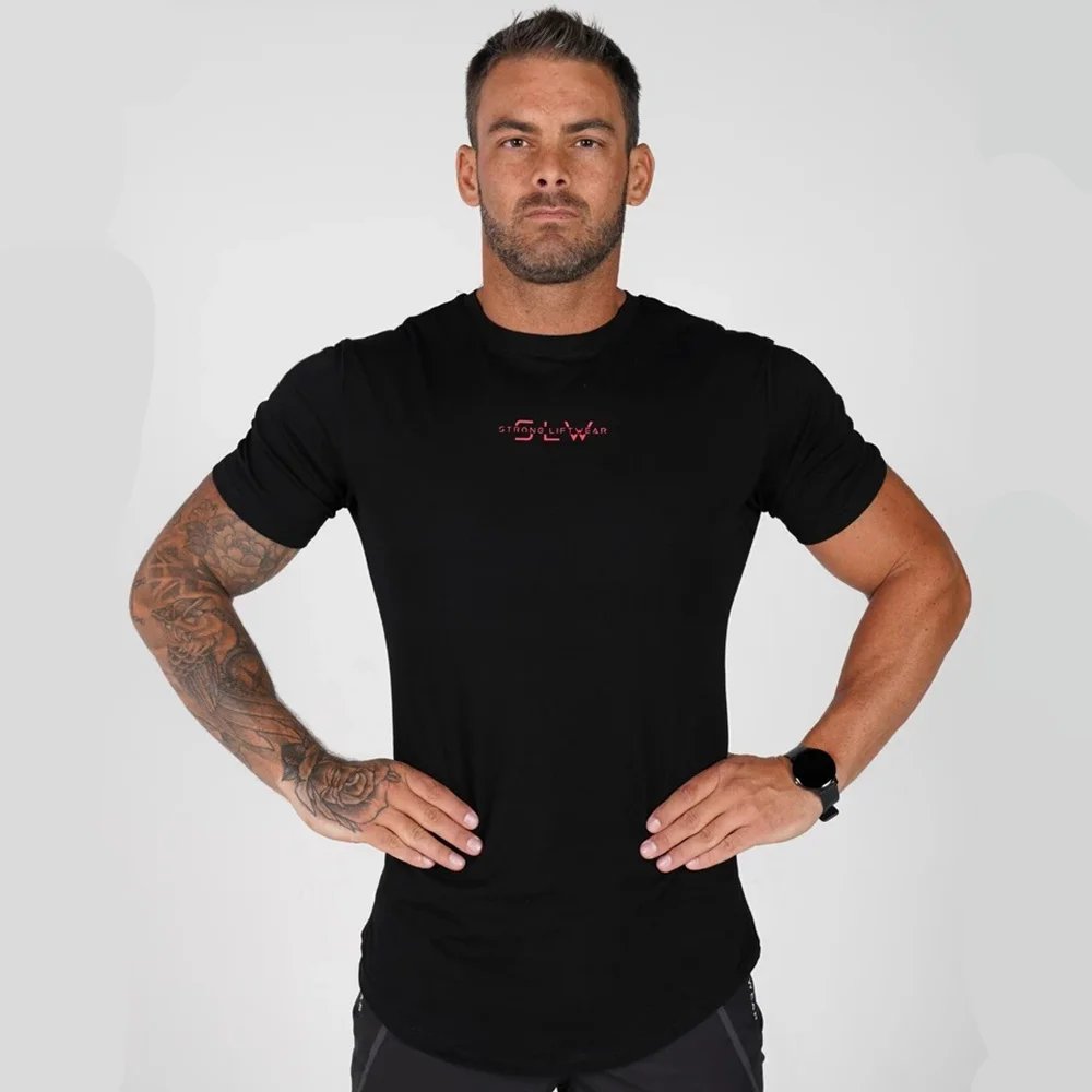 Casual Cotton Print t shirt Men Gyms Fitness Short sleeve T shirt Male Bodybuilding Workout Black 4