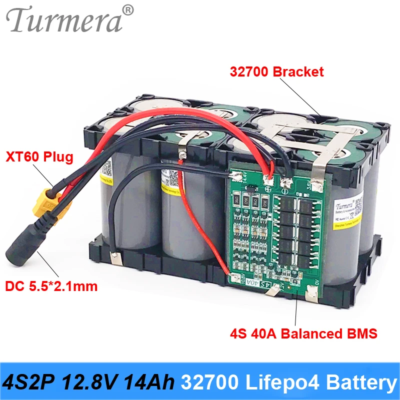 Turmera 32700 Lifepo4 Battery Pack 4S2P 12.8V 14Ah with 4S 40A Balanced BMS for Electric Boat and Uninterrupted Power Supply 12V 06