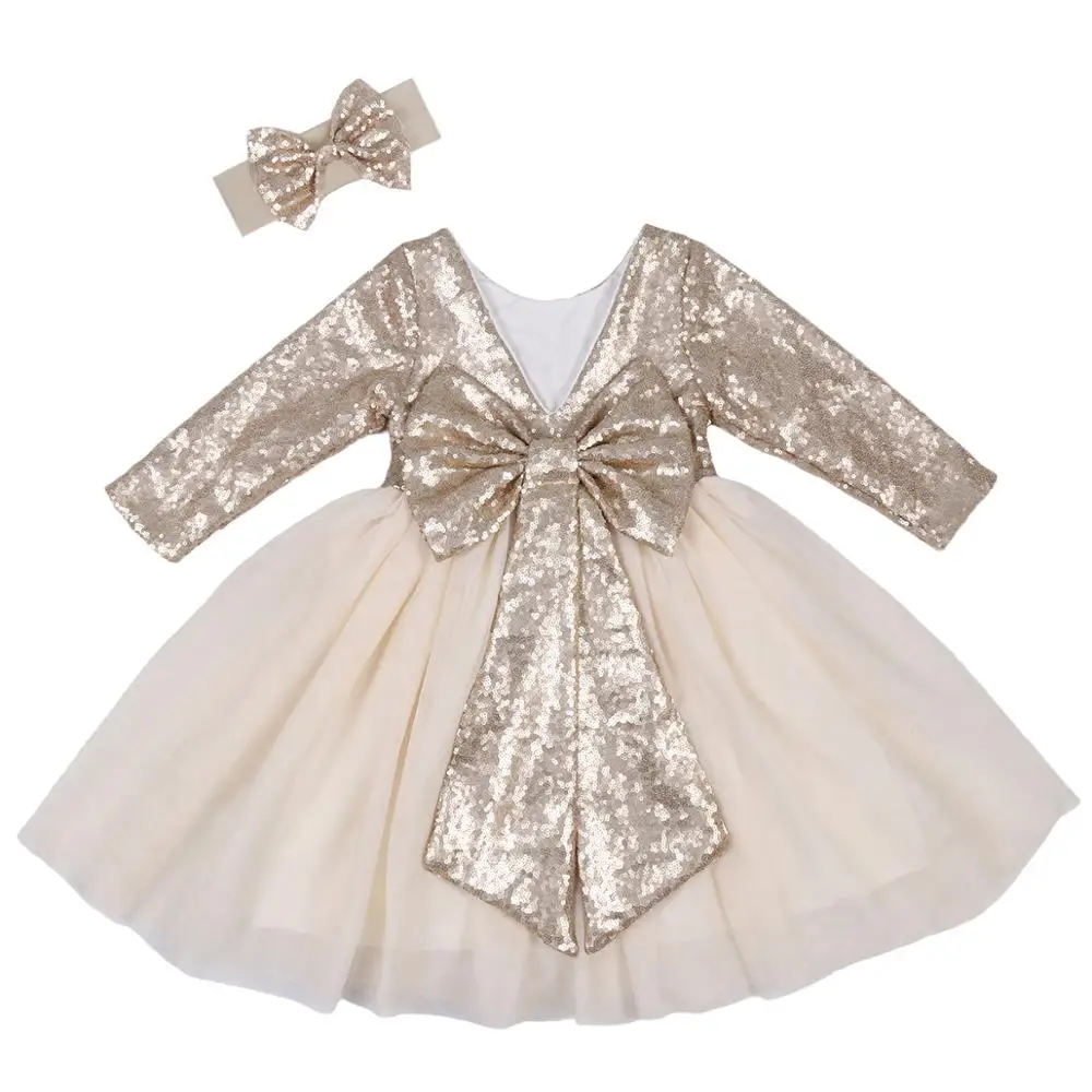 Champagne Tulle Ruffle Dress New Fashion Sparkle Vintage Bow Girls Sequin Flower Girl Wedding Party Birthday | Детская одежда и